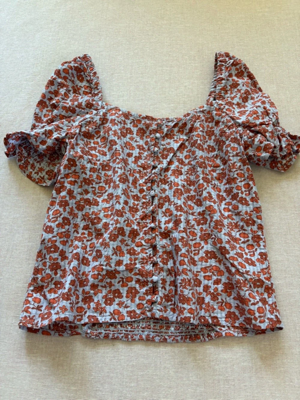 Madewell Rust Floral Square-Neck Puff Sleeve Top